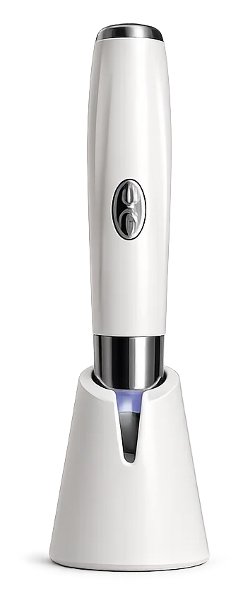 The Chalazion Heat Pen resting on its charging stand.