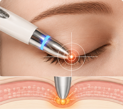 Heat pen precisely targeting a blocked oil gland in the eyelid