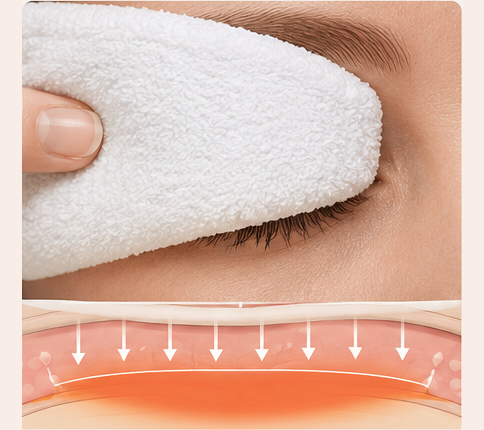 Hot compress spreading heat broadly across the eyelid surface